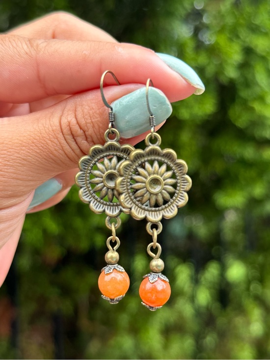 Earth Art hand crafted artisan Jewelry - Bohemian Sunflower Drop Earrings with Orange Beads
